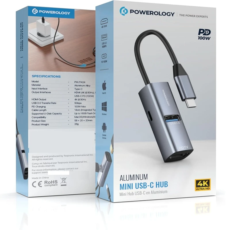 هاب تایپ سی پاورولوژی Powerology Aluminum Mini USB-C Hub