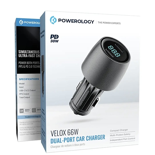 شارژر فندکی پاورولوژی Powerology Velox 66W Dual-Port Car Charger